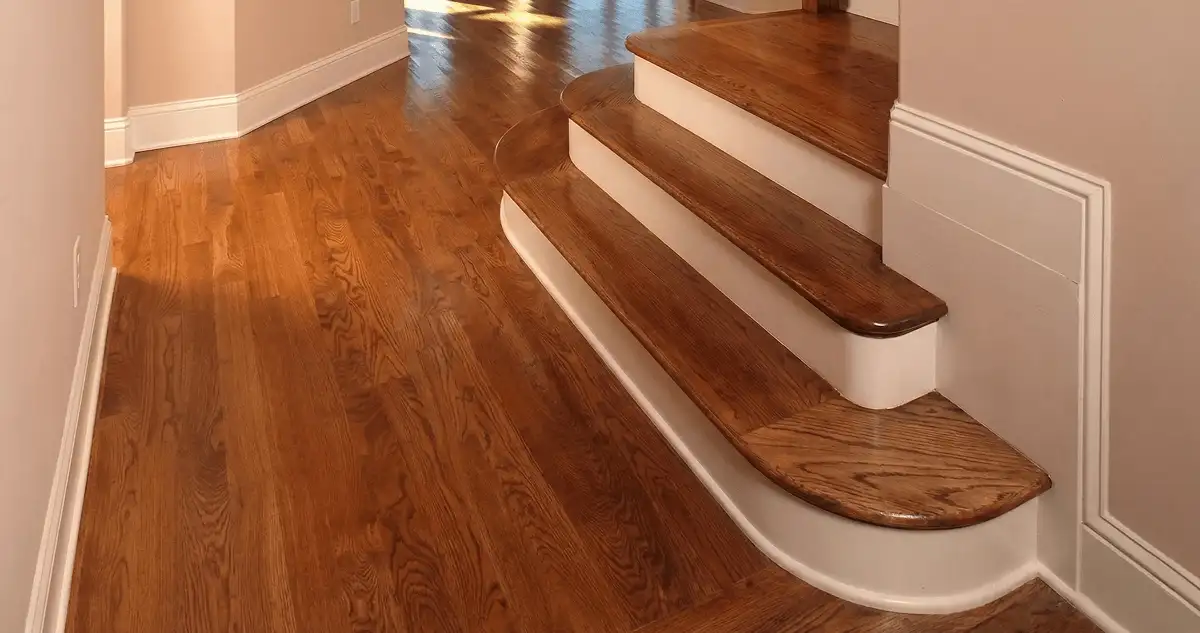 Base floor of a staircase with professionally restored wood flooring in Tacoma WA