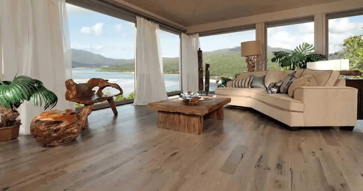 Professionally installed vinyl flooring in a modern living room with large windows in Tacoma, WA