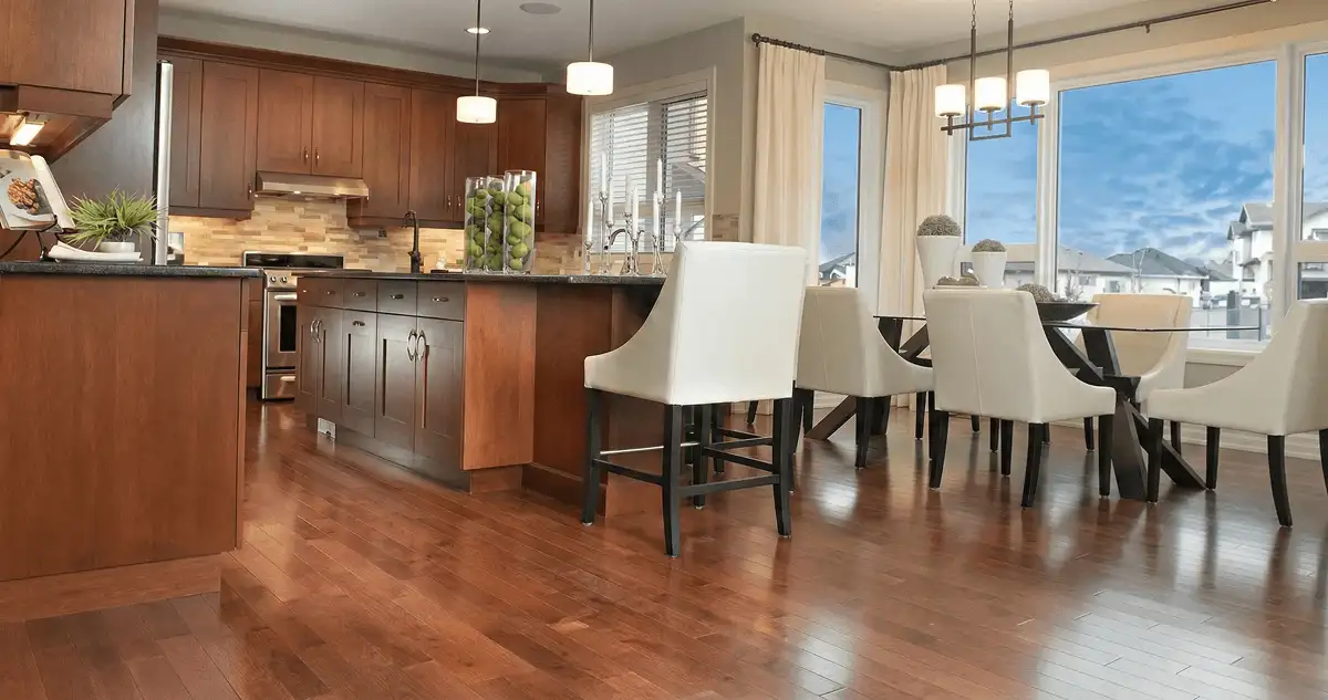 A modern kitchen with professionally installed wood flooring in Tacoma, WA